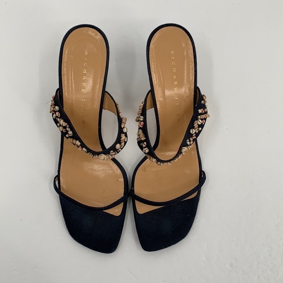 Richard Tyler strappy slide sandals heel shoe mule navy blue beading fabric 9 - Picture 4 of 6